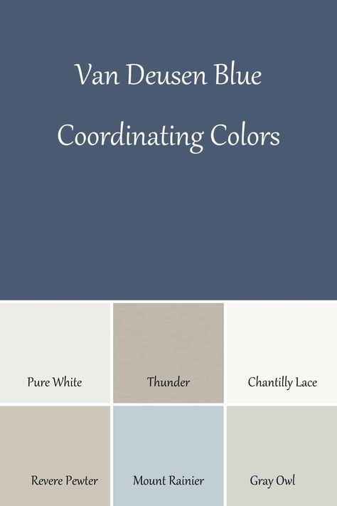 Benjamin Moore Van Deusen Blue is a stunning mid-dark blue paint color. Today I am sharing all the details on this gorgeous color with color comparisons and photos of it used in real homes! Van Deusen Blue Color Palette, Bm Van Deusen Blue, Van Duesen Blue, Benjamin Moore Van Deusen Blue, Denim Blue Paint, Benjamin Moore Bedroom, Dark Blue Paint Color, Van Deusen Blue, Benjamin Moore Blue