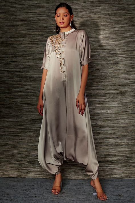 Grey Satin Embroidered Dhoti Jumpsuit Design by Mehak Murpana at Pernia's Pop Up Shop 2023 Dhoti Style Jumpsuit, Dhoti Jumpsuit, Jumpsuit Indian, Jumpsuit Design, Dhoti Pants, Designer Jumpsuits, Clothes Casual, Jumpsuit Pattern, Indian Fashion Designers