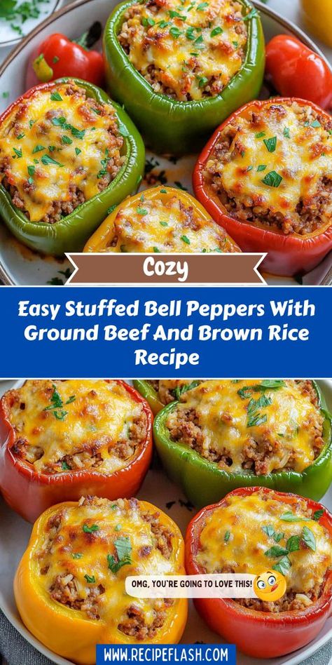 Are you looking for a nutritious and delicious weeknight meal? This Easy Stuffed Bell Peppers with Ground Beef and Brown Rice is packed with protein and flavor, making it a perfect healthy dinner choice. Save this recipe for an easy dinner idea that will please the whole family! Stuffed Peppers With Brown Rice, Ground Beef Bell Pepper Recipes, Easy Stuffed Bell Peppers Ground Beef, Rice Stuffed Bell Peppers, Easy Stuffed Bell Peppers, Stuffed Bell Peppers Ground Beef, Healthy Dinner Choices, Brown Rice Recipe, Stuffed Peppers Recipe