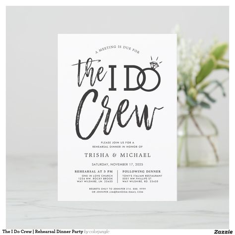 A meeting is due for the Ido crew.  Let everyone in your wedding party know directly that their services are needed for a rehearsal dinner with these trendy yet formal invitation cards.  The design features the words "The I do crew" in an elegant yet modern script style over a white backdrop.  The word 'do' features a sparkling diamond ring in place of the letter 'O' to signify the marriage of the bride and groom.  On the reverse side are chic black and white stripes.  Surrounding this design ar Rehearsal Dinner Etiquette, Rehearsal Dinner Themes, Rehearsal Dinner Party, Wedding Rehearsal Dinner Decorations, Rehearsal Dinner Planning, Outdoor Rehearsal Dinner, Rehearsal Dinner Favors, Dinner Centerpieces, Sparkling Diamond Ring