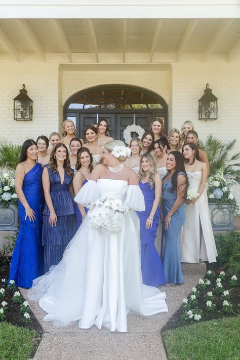 Bridesmaids in blue dresses and champagne bridesmaid dresses together. Head to the blog to see more of this wedding at the Austin Country Club! Reception Jumpsuit, Owl Wedding, Sentimental Wedding, Champagne Bridesmaid Dresses, Champagne Bridesmaid, English Wedding, Black Tie Affair, White Florals, Wedding Bridal Party