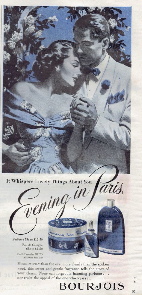 Evening In Paris Bourjois Perfume and Cosmetic Ad featuring a Couple in the Moonlight - True Romance, August 1948 Vintage Perfume Ads, Luxurious Things, Vintage Parfum, Perfume Ads, Evening In Paris, Perfume Label, Paris Perfume, Perfume Ad, Retro Beauty