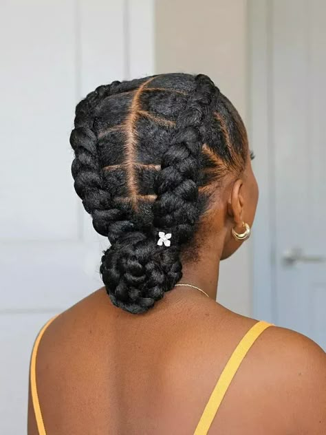 Black wedding hairstyle updo with braids and flower Swimming Pool Hairstyles, Vacay Braids, Hair For Black Hair, Pool Day Hairstyles, Corn Roll Hair Styles, Meghan Markle Plastic Surgery, Cornrows With Weave, Braid Hairstyles For Black Women, Dutch Braid Styles