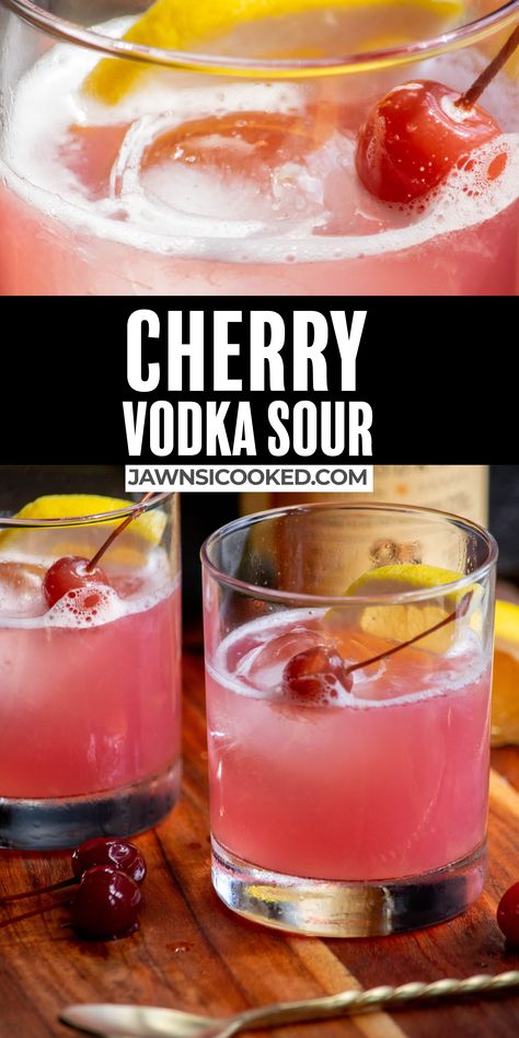 This easy, fresh and citrusy Cherry Vodka Sour comes together in a few minutes with fresh lemon juice, grapefruit juice, and some maraschino cherry syrup. Add your favorite vodka and you've got a delicious and simple vodka sour that goes down super easy! Cherry Juice Cocktail Recipes, Uv Cherry Vodka Drinks, Sprite Mixed Drinks, Titos Vodka Drinks, Cherry Vodka Drinks, Vodka Sour Recipe, Titos Vodka Recipes, Cherry Vodka Sour, Sprite Recipe