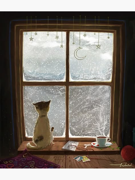 "winter window" Art Print by endmion1 | Redbubble Window Illustration, Window Drawing, Winter Window, Winter Cat, Winter Illustration, Window Art, Window Painting, Winter Art, Whimsical Art