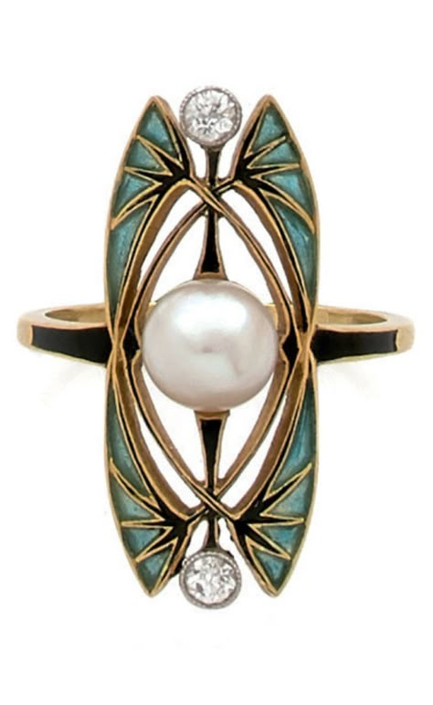 An Art Nouveau gold, platinum, plique-à-jour enamel, diamond and pearl ring, circa 1900. Diamond And Pearl Ring, Bijoux Art Deco, Art Nouveau Jewellery, Bijoux Art Nouveau, Art Nouveau Ring, Nouveau Jewelry, Golden Jewelry, Ringe Gold, Art Nouveau Jewelry