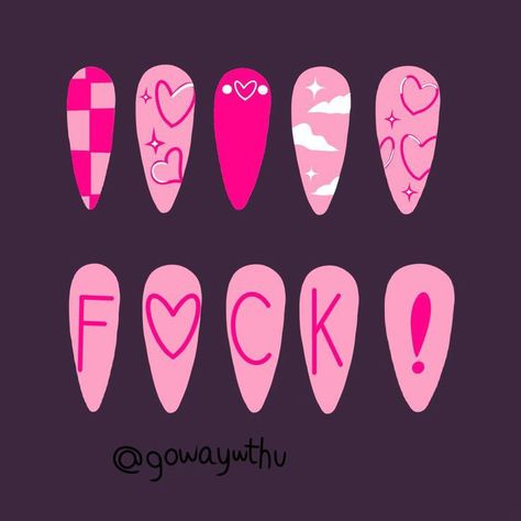 Nerdy Nail Designs, Hazbin Hotel Inspired Nails, Nail Set Designs, Hazbin Hotel Nails, Pink Goth Nails, Paper Nails Design, Anime Nail Ideas, Uñas Aesthetic, Kutek Disney