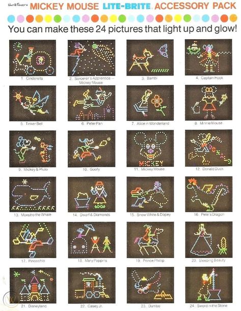 Vintage 1970 "Mickey Mouse" Assortment Lite-Brite Picture Designs & Refills | #1900988384 Lite Brite Designs Christmas, Lite Bright Ideas, Lite Brite Patterns, Lite Bright Patterns, Light Brite Patterns, Lite Brite Ideas, Lite Brite Designs, Light Brite, Lite Bright