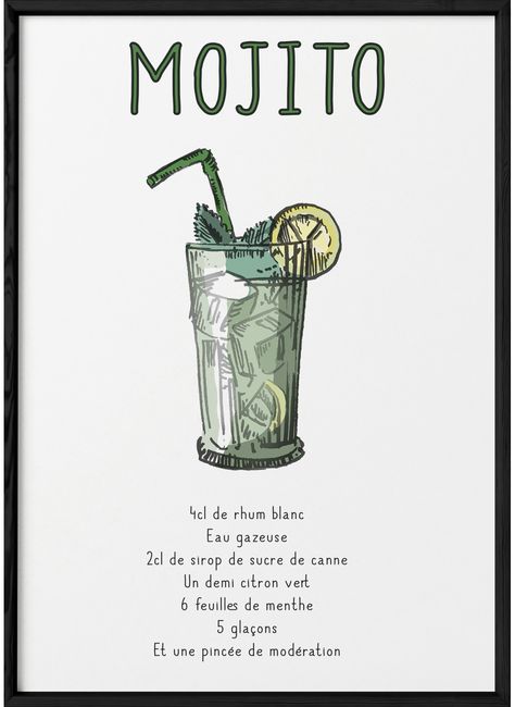 Affiche pour préparer le meilleur mojito et pouvoir vous vanter devant vos amis. Idée cadeau pour les apprentis barman. Printable Kitchen Prints, Mojito Cocktail, Cocktail And Mocktail, Hippy Room, Mojito Recipe, Cocktail Night, Cocktail Menu, Alcohol Drink Recipes, Black Week