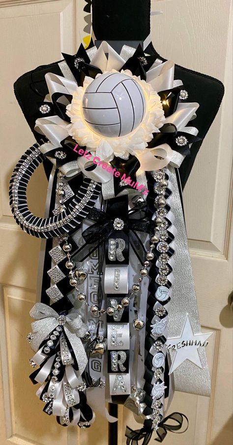 Athletic Trainer Homecoming Mum, Volleyball Hoco Mum, Volleyball Mums Homecoming, Volleyball Homecoming Mum, How To Make A Homecoming Mum Braid, Hoco Mum Braid Tutorial, Homecoming Necklace, Mums For Homecoming, Orange Black And White Homecoming Mums