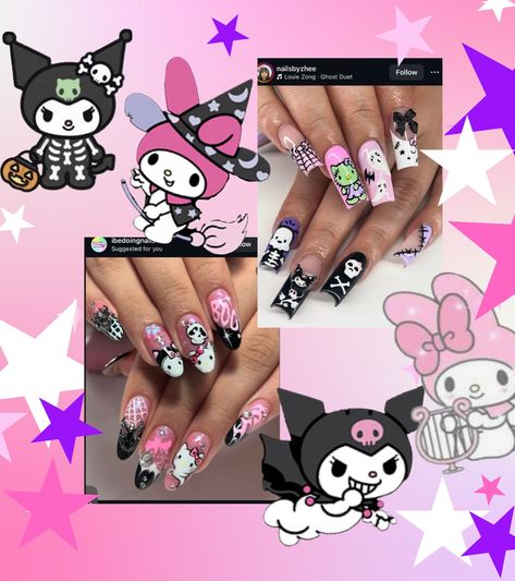 Awww yeah… it’s spooky Sanrio time! Kuromi X My Melody : Halloween edition (Swipe for inspo!) Hand painted as always 🎨🖌️ These were such a fun challenge and I’m in LOVE with how they turned out! What do you say, are you next in line for some spooky scary characters?👻 #nails #nailart #naildesign #maryland #marylandnails #marylandnailtech #nailartist #marylandnailartist #hellokitty #sanrio #kuromi #halloween #halloweennails Spooky Sanrio, My Melody Halloween, Kuromi X My Melody, Kuromi Halloween, Scary Characters, Sanrio Kuromi, Spooky Scary, Fun Challenges, My Melody