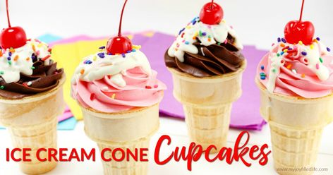 This is actually a treat that my mom used to make when I was a kid.  I remember her making them for our birthday parties and to take to school for our classmates for a birthday treat.  These are not only yummy and adorable, but easy to make too – a good combination if you ask … Fun Easy Desserts, Sundae Cupcakes, Ice Cream Cone Cupcakes, Tasty Ice Cream, Cake In A Cone, Cupcake Cones, Ice Cream Sundaes, Dessert Items, Ice Cream Cupcakes