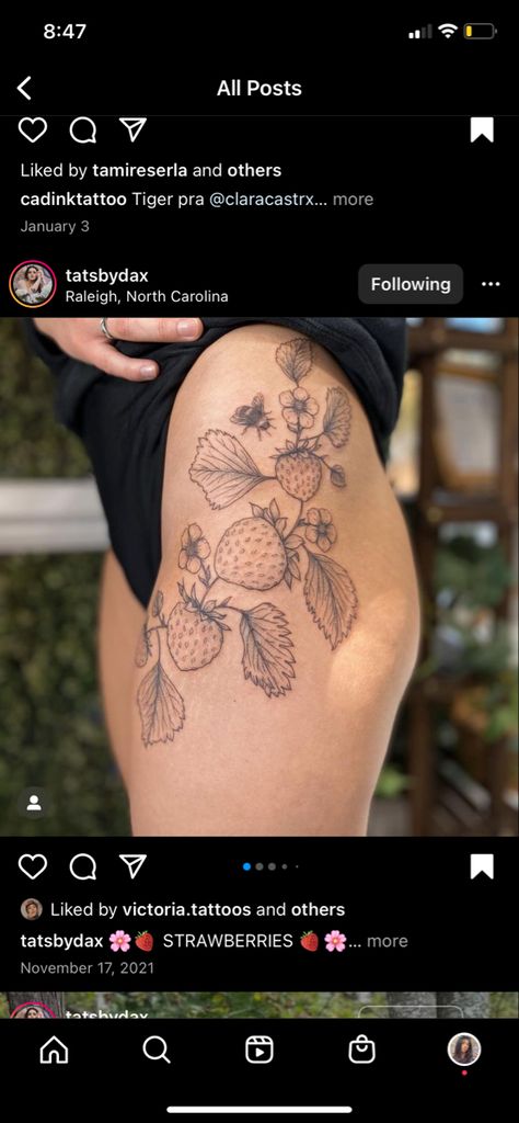 Black and Grey Thigh tattoo with strawberries flowers and bees Flower Bee Tattoo, Lower Hip Tattoos, Bee And Flower Tattoo, Upper Thigh Tattoos, Strawberry Tattoo, Fruit Tattoo, Hip Tattoos Women, Elbow Tattoos, Strawberry Flower