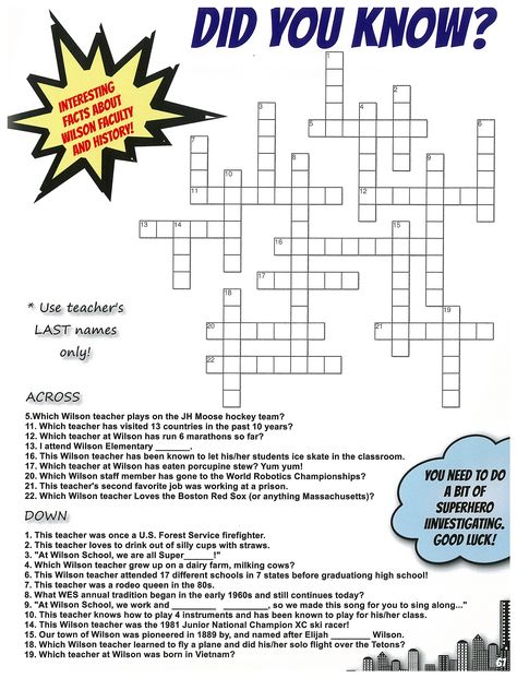 a Fun Crossword Puzzle is a Great idea for your YEARBOOK! We made ours all about our teachers, with a DID YOU KNOW theme! This is a Fun activity for the students and a great addition to your school yearbook!!  #school #yearbook #pages #ideas #teachers #faculty #activity #crossword #puzzle #yearbookideas #superhero #theme #didyouknow Puzzle Piece Yearbook Theme, Yearbook Fun Page Ideas, Yearbook Themes Elementary, Interactive Yearbook Pages, Elementary Yearbook Page Ideas, Fun Yearbook Pages Ideas, Comic Book Yearbook, Cool Yearbook Ideas, People Magazine Crossword Puzzles