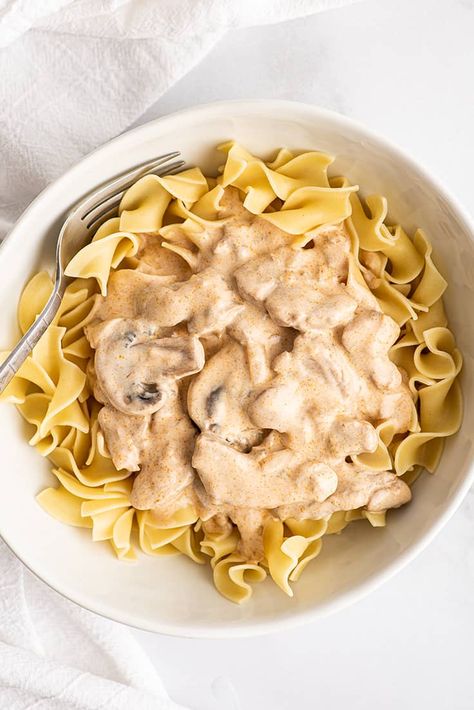 This pork stroganoff is tender slices of pork tenderloin simmered with mushrooms, onions, and garlic in a creamy and tangy sour cream sauce. Pork Stroganoff, Baking Mischief, Best Pork Recipe, Pork Recipes For Dinner, Pork Fried Rice, Crockpot Casserole, Sour Cream Sauce, Pork Loin Chops, Ham Soup