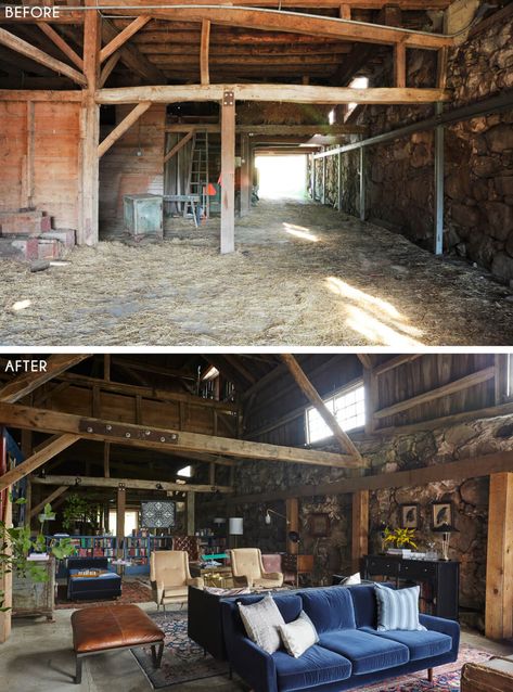 Emily Henderson Samsung The Frame Louise Roe The Barn Soho Lounge Before And After 04 Barn Makeover, Converted Barn Homes, Barn Conversion Interiors, Soho Lounge, Barn Remodel, Minimalist Studio, Barn Loft, Samsung The Frame, Apartment Studio