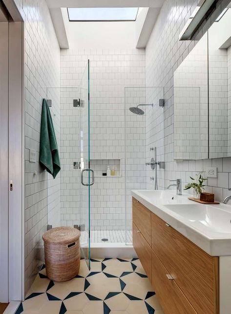 Contemporary bathroom with double sink and walk-in shower along with skylight and tile walls. Photo Credit: Francis Dzikowski/OTTO Skylight Design, Simple Bathroom Designs, Shower Niche, Big Bathrooms, Small Bathroom Design, Glass Shower Doors, Bathroom Renos, The Shower, Shower Design