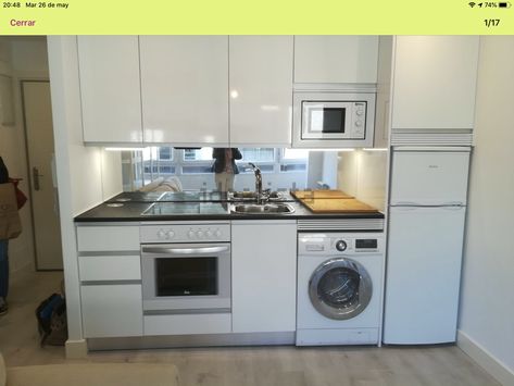 Tiny Kitchen With Washing Machine, Tiny Kitchen With Laundry, Small Kitchen Ideas With Washing Machine, Washing Machine In Kitchen Small Spaces, Small Kitchen With Laundry, Tiny Appliances, Small U Shaped Kitchen, Small Kitchen Plans, Single Wall Kitchen