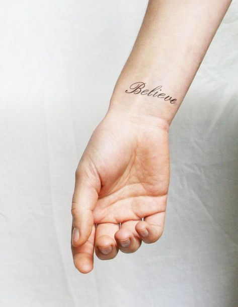 http://tattoomagz.com/tattoo-with-word-believe/ Believe Wrist Tattoo, Believe Tattoo, Small Foot Tattoos, Meaning Tattoos, Believe Tattoos, Small Shoulder Tattoos, Small Finger Tattoos, Small Quote Tattoos, Small Tattoos With Meaning