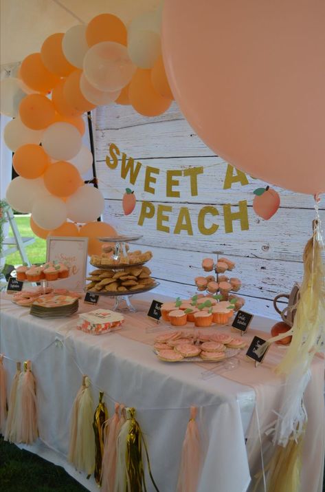 Peach First Birthday Party, Peach First Birthday, Baby First Birthday Themes, Girl Shower Themes, Sweet As A Peach, Peach Baby Shower, Peach Party, Baby Birthday Themes