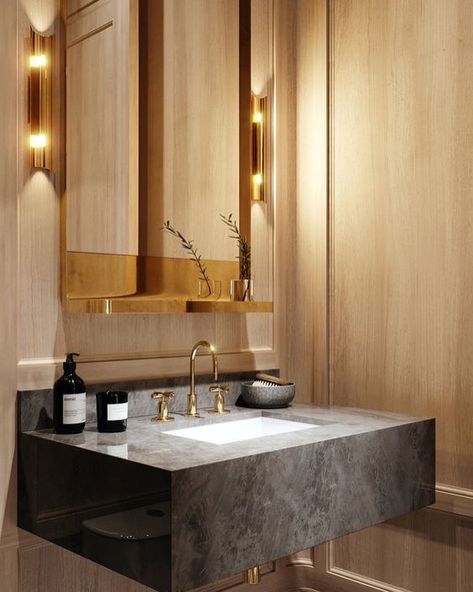 Paneled Bathroom, Glamourous Bathrooms, Plum Furniture, Bath Vibes, Brass Lights, Bathroom Concepts, Luxury Bathroom Interior, Bathroom Sanctuary, Best Kitchen Design