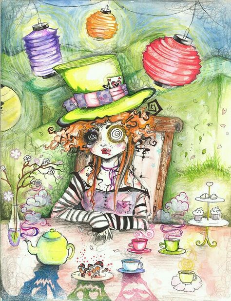 Trippy tea party art Alice In Wonderland Drawing Ideas, Wonderland Drawing Ideas, Alice In Wonderland Trippy, Alice In Wonderland Drawing, Wonderland Drawing, Mad Alice, Jervis Tetch, American Mcgee’s Alice, Alice In Wonderland Drawings