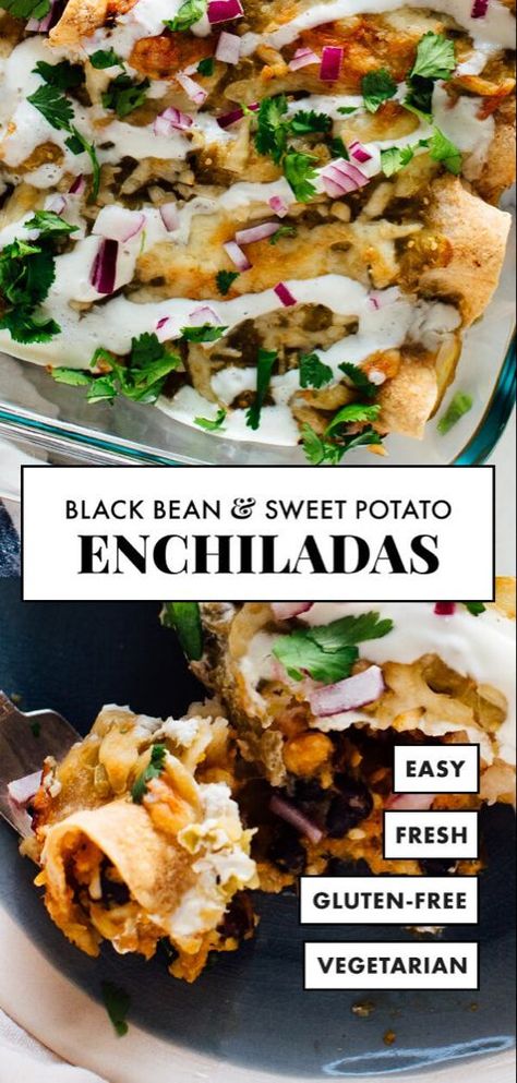 AMAZING black bean and sweet potato enchiladas! They’re stuffed with creamy, hearty sweet potato, plus black beans, feta cheese, and spices—smothered in salsa verde. These enchiladas are a delicious, hearty vegetarian entrée. #cookieandkate #vegetarian #mexicanvegetarian #mexicanrecipe #enchiladas Black Bean Sweet Potato Enchiladas, Sweet Potato Black Bean Enchiladas, Sweet Potato Enchiladas, Potato Enchiladas, Black Bean And Sweet Potato, Black Bean Sweet Potato, Bean And Sweet Potato, Sweet Potato And Black Bean, Sweet Potato Black Bean