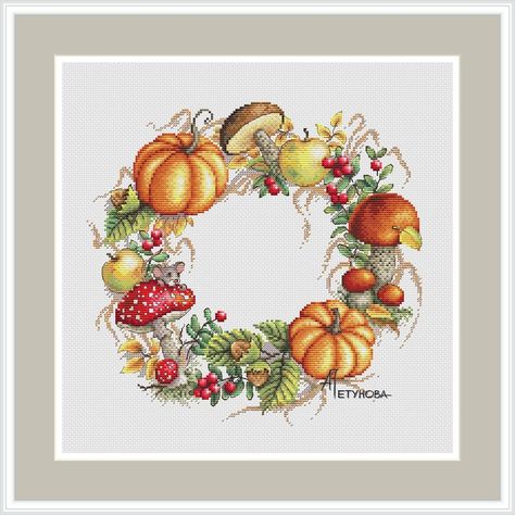 Autumn Cross Stitch, Wreath Cross Stitch Pattern, Wreath Cross Stitch, Wreath Cross, Autumn Cross Stitch Patterns, Pumpkin Cross Stitch, Fall Cross Stitch, Stitch Flowers, Small Cross Stitch