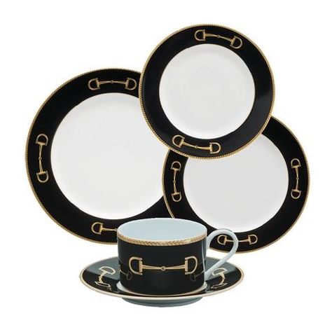 Cheval Black by Julie Wear — Horse and Hound Gallery Grey Dinnerware, Polo Field, Equestrian Chic, Snaffle Bit, Black Porcelain, Equestrian Decor, High Design, Horse Decor, Porcelain Dinnerware