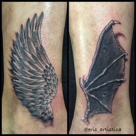 Demon Bird Tattoo, Demon Wing Tattoo, Angel And Demon Wings Tattoo, Demon Wings Tattoo, Wings Tattoos, Angel Devil Tattoo, Devil Wings, Angel Demon, Demon Wings