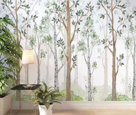 Kindergarten Wallpaper, Forest Watercolor, Birch Forest, Forest Wall Mural, Up House, Forest Wallpaper, Watercolor Wallpaper, Color Tones, Nursery Wallpaper