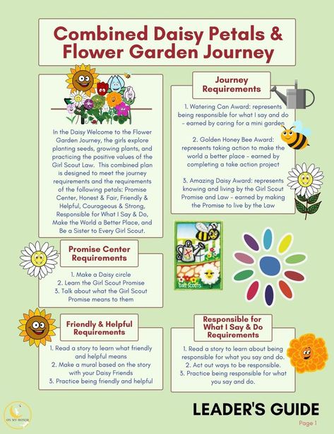 Cover all petals and the Garden Journey in 6 sessions! Daisy Journey Ideas, Girl Scout Daisy Petals, Daisy Flower Garden, Girl Scout Daisy Activities, Girl Scout Gold Award, Girl Scout Meeting Ideas, Girl Scout Law, Girl Scout Cookies Booth, Girl Scout Troop Leader