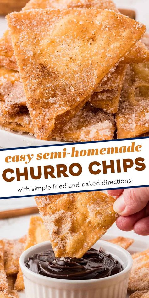 Everything you love about churros, in fun and snack-able chip form! These churro chips are perfect for dipping, or used as a base for some Mexican-style dessert nachos! With both fried and baked directions, you can find a method that works best for you. Churro Tortilla Chips, Churro Chips And Dip, Ruffles Chips Recipes, Desserts With Tortillas Easy, Churro Desserts Easy, Churro Dip, Churros Cookies, Churro Chips, Dessert Nachos Recipe