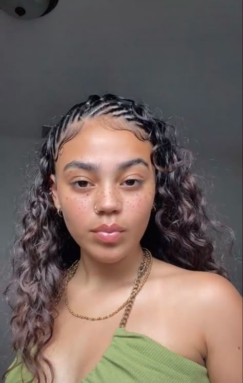 Hairstyles With Natural Hair Braids, Curly Hair Front Braids, Front Cornrows Hairstyles Natural Hair, Hispanic Braids, Half Braided Hairstyles Natural Hair, Half Braided Hairstyles Curly Hair, Braids In Front Curly Hair In Back, Braided Hairstyles Curly Hair, Half Head Braids