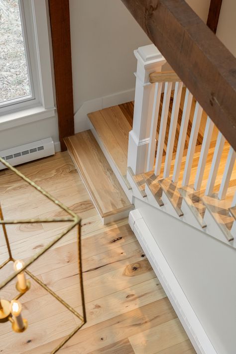 The stunning color variation of our Hickory Pecan flooring with color-coordinated stair treads will bring any living space to life! Light Hickory Floors, Natural Hickory Floors, Pecan Flooring, Entrance Organization, Hickory Floors, Hickory Flooring, Big Room, Material Board, Wide Plank Flooring