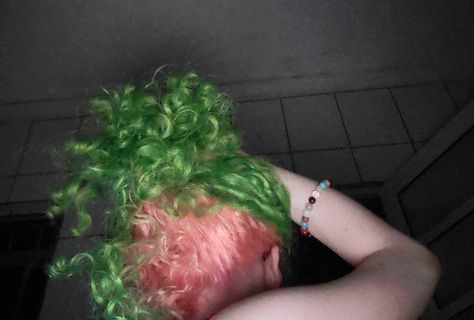 Green And Pink Hair Aesthetic, Half Color Hair Ideas, Pink And Green Hair Black Women, Pastel Pink And Green Hair, Green And Pink Hair Color, Mitsuri Kanroji Hair, Mitsuri Hair Dye, Pink And Green Braids, Curly Green Hair