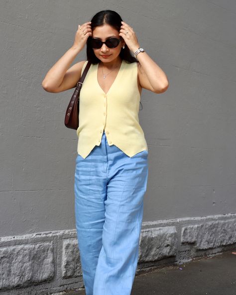 Happy Friday! 🌞 Looking forward to a sunny weekend but it seems like the weather has other plans. ☁️ How beautiful is this butter yellow vest from @aerelabel? 💛 Probably yellow and blue are my favorite color combo. 💙 #OOTD #WeekendVibes #YellowAndBlue #aerelabel #fashioninspo #fashionfit Butter Outfit, March Outfits, Yellow Vest, Butter Yellow, My Favorite Color, Vest Outfits, Blue Outfit, Yellow And Blue, Fashion Fits