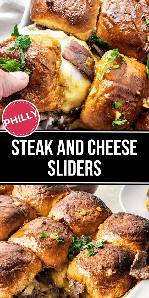 Steak and Cheese Sliders are a bite-sized take on a beloved classic, made with glazed ribeye steak, crispy onions, and sweet Hawaiian rolls. This a quick and easy game day treat. Steak And Cheese Sliders Hawaiian Rolls, Steak Sliders Recipes, Steak And Cheese Sliders, Philly Cheesesteak Sliders Recipe, Steak Sliders, Sweet Hawaiian Rolls, Steak And Cheese, Cheesesteak Sliders, Bbq Chicken Sliders