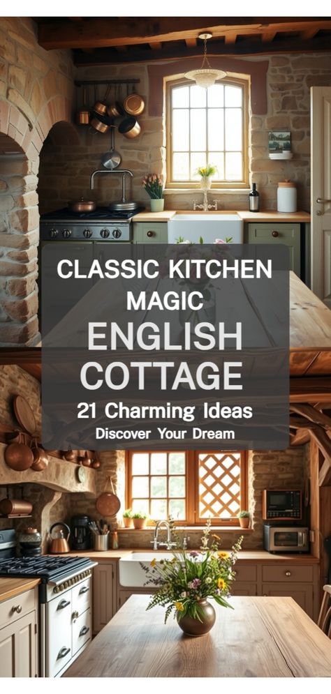 Old English cottage kitchen Tudor Style Kitchen Remodel, Primitive Cottage Kitchen, Cottage Cabinets Kitchen, Craftsman Style Homes Kitchen, Old World Cottage Interior, British Kitchen Ideas, English Cottage Windows, Cozy English Cottage Kitchen, Old English Cottage Kitchen