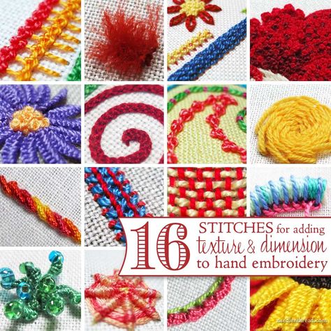 16 hand embroidery stitches to add texture and dimension to your projects, with tutorials for all of them! Embroidery Stitch, Needlepoint Stitches, Embroidery Stitches Tutorial, Needlework Embroidery, Brazilian Embroidery, Crewel Embroidery, Hand Embroidery Stitches, Embroidery Craft, Design Guide