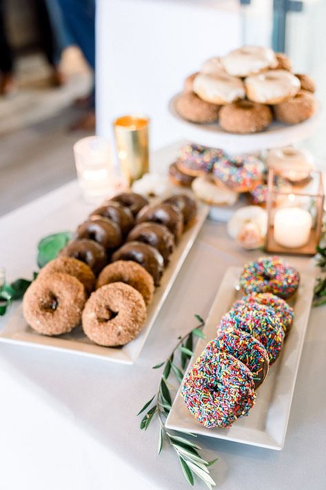 Doughnut Table Ideas, Donuts On Dessert Table, Donut Brunch Ideas, Donut And Cupcake Dessert Table, Donuts And Fruit Display, Donut Treat Table, Donuts At Party, Doughnut Dessert Table, Mini Donuts Wedding Display