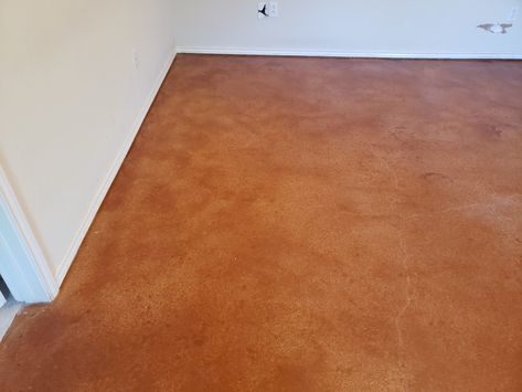 Terracotta Stained Concrete, Terracotta Concrete Floor, Stained Concrete Floors Kitchen, Polished Concrete Floor Kitchen, Concrete Interior Floors, Modern Southwest Home, Concrete Kitchen Floor, Concrete Stains, Basement Hallway