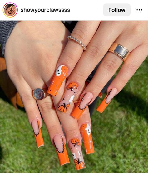 Halloween Nail Colors, Pumpkin Nail Designs, Pumpkin Nail Art, Holloween Nails, Halloween Acrylic Nails, Cute Halloween Nails, Pumpkin Nails, Nail Design Inspiration, Unique Acrylic Nails