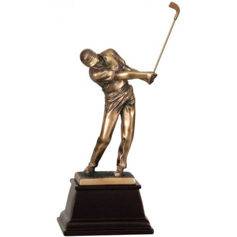 A bronze resin golf trophy of a man at the end of his golf swing mounted on a black base. Golf Awards, Golf Trophy, Golf Trophies, Golf Event, Resin Sculpture, Custom Golf, Golf Tournament, Resin Material, Welcome To The World