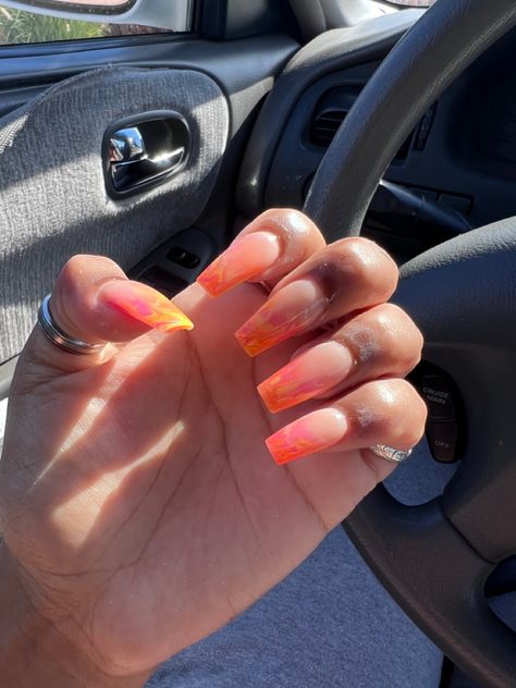 Marble, acrylic, coffin, summer, nails Marble Acrylics, White Marble Nails, Coffin Acrylics, Yellow Marble, Marble Nails, Orange And Yellow, White Marble, Pink Orange, Nail Ideas