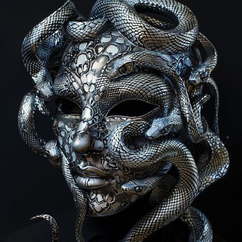 This stunning handmade Medusa mask is a true work of art. Featuring an intricate design of intertwined snakes in silver tones, it captures the mystical and fascinating essence of ancient mythology. Every scale and curve has been meticulously crafted to create a piece that is both elegant and terrifying. By putting it on you not only acquire a mask, but a jewel of mystery and supernatural beauty that turns any occasion into a memorable event. All models are made in Italy and the Netherlands ⬇️ an Creatures Sketch, Medusa Mask, Snake Mask, Intertwined Snakes, Monster Masks, Masquerade Mask Black, Medusa Art, Silver Mask, Monster Mask