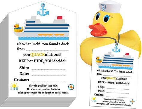 Amazon.com : Ducks Tags for Cruising 50 Packs. ConQuackulations 2x3.5 inches Duck Tags for Cruisers. Cruise Essentials by Crew Members (A) : Office Products Cruise Rubber Ducks, Disney Cruise Duck Tag, Cruise Ducks Diy, Hiding Ducks On Cruise Ships, Free Printable Cruising Duck Tags, Cruise Rubber Ducks Tags, Cruise Duck Tags Printable Free, Duck Cruise Tags, Cruise Ducks Ideas