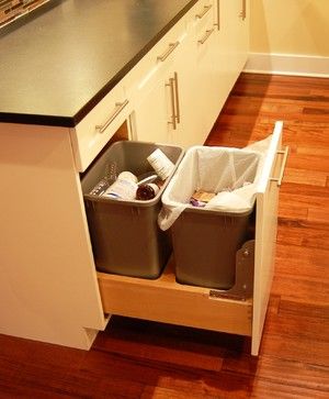 Kitchen Island With Trash Bin, Pull Out Trash Cabinet, Peninsula Island, Wood Kitchen Backsplash, Off White Kitchen Cabinets, Modern Kitchen Photos, White Kitchen Cart, Pottery Barn Kitchen, Kevin Martin