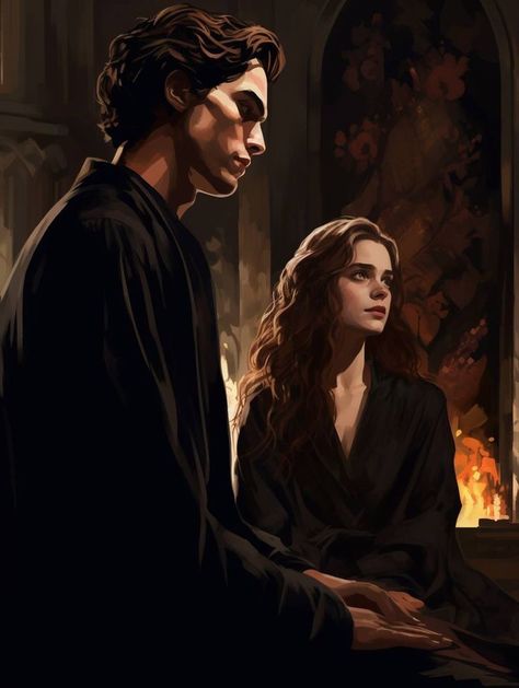 Hermione Curly Hair, Hermione X Tom Riddle, Hermione And Tom Riddle, Harry Potter Character Art, Tomione Aesthetic, Dystopian Character Art, Tomione Fanart, Tom Riddle Art, Tom Riddle X Y/n