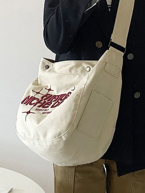 Beige Cool Collar  Fabric Letter Hobo Bag Embellished   Women Bags Mochila Grunge, Stylish Letters, Oversize Casual, Bags For Teens, Bags Aesthetic, Cute Bags, Gyaru, Casual Bags, Cloth Bags